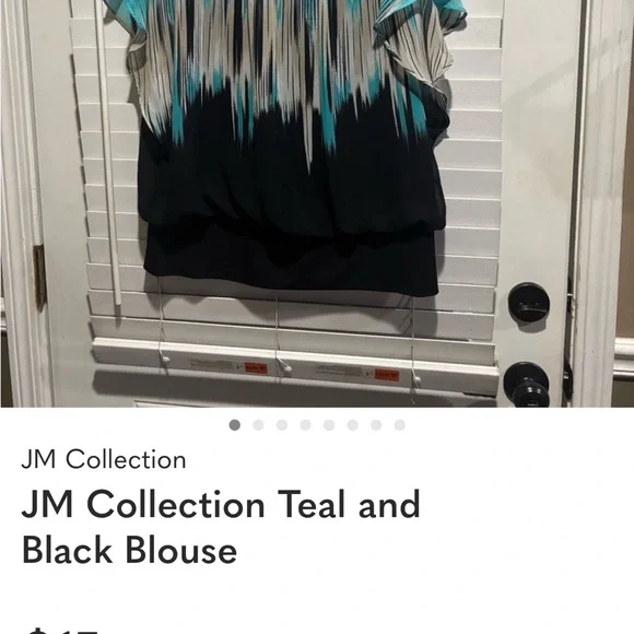 JM Collection Black and Teal Patterned Blouse - Picture 2 of 3